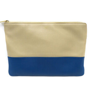 Celine Clutch Bag Shoulder Calf Leather Beige Blue Two Tone
